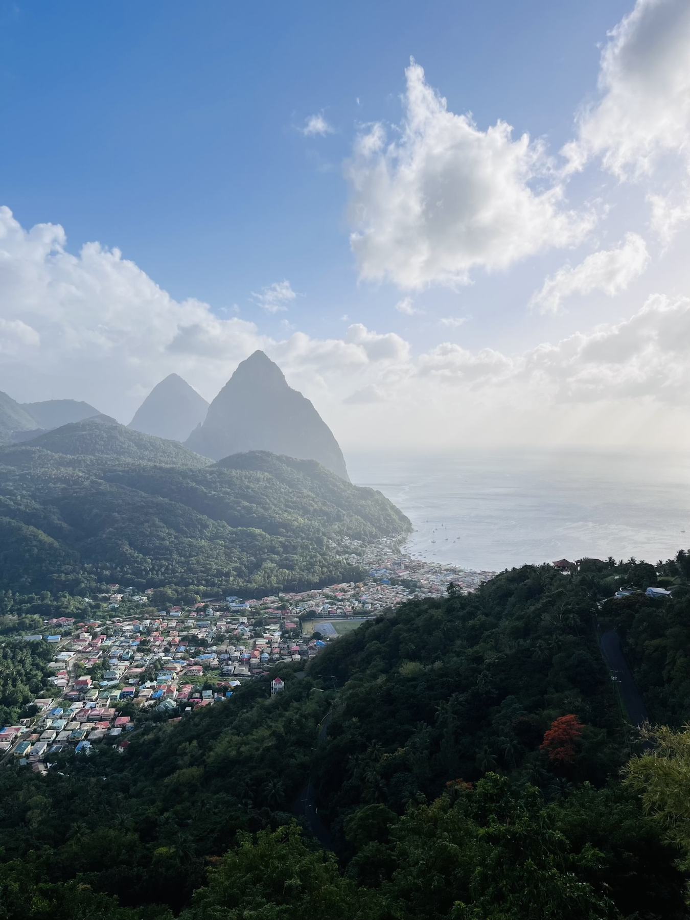 The Pitons rising over Soufrière and the Caribbean Sea, Saint Lucia
